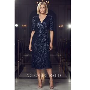 Mac Duggal Sequin Sheath Midi Dress 14 Blue NWT Style 5578